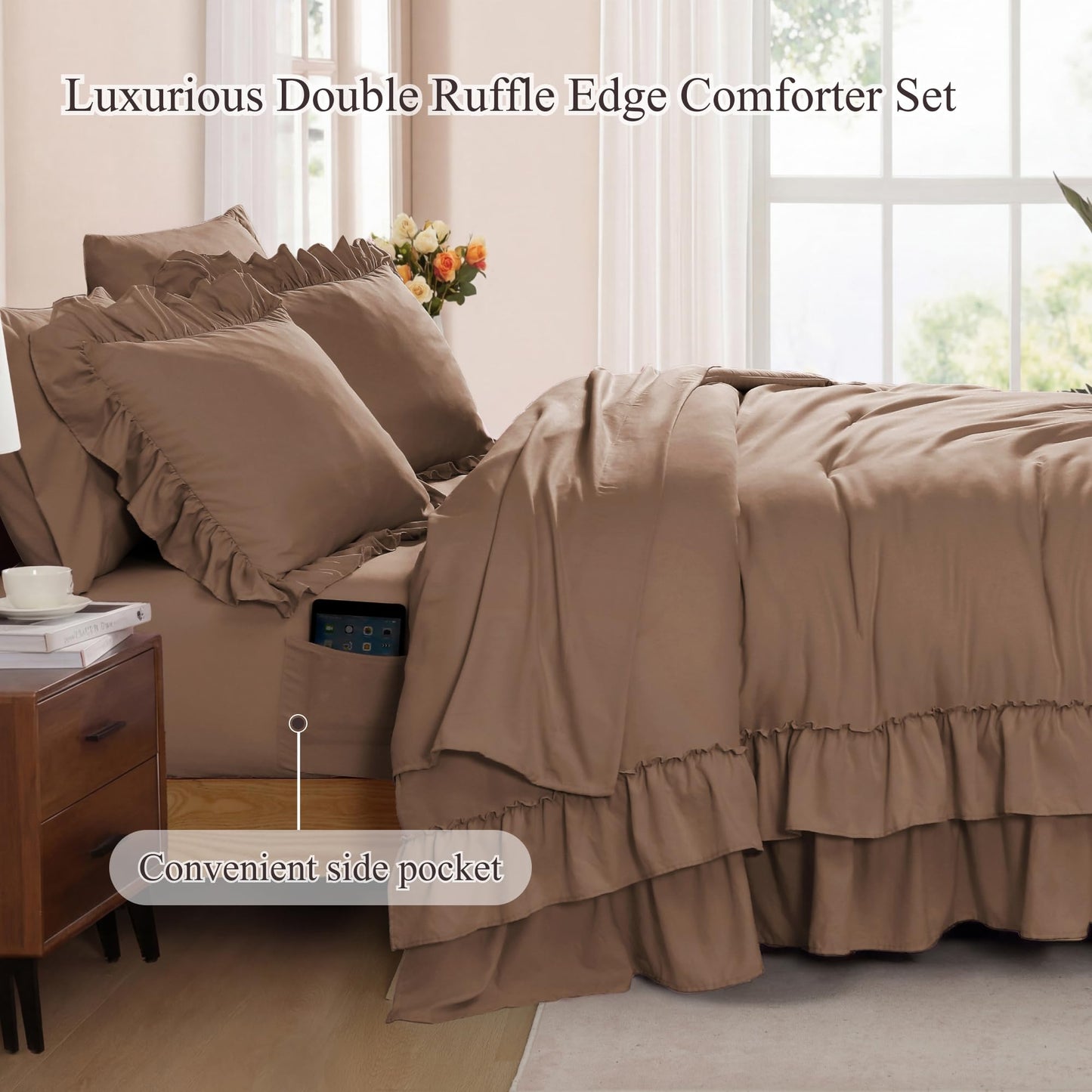 AMBERSPACE Ruffle Comforter Set — Soft Pink, Queen
