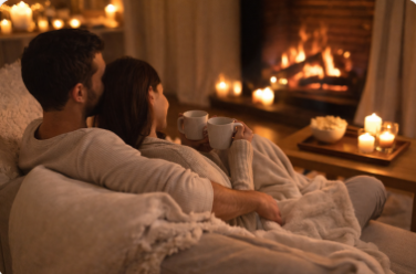 Couple relaxing together on a couch by a fireplace surrounded by candles for a cozy night in