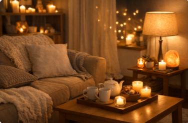 Cozy living room with soft blankets, candles, and warm lighting for a stress-free home environment