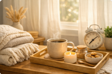 Cozy morning setup with a warm cup of coffee, candle, folded blanket, and alarm clock on a wooden tray by a bright window