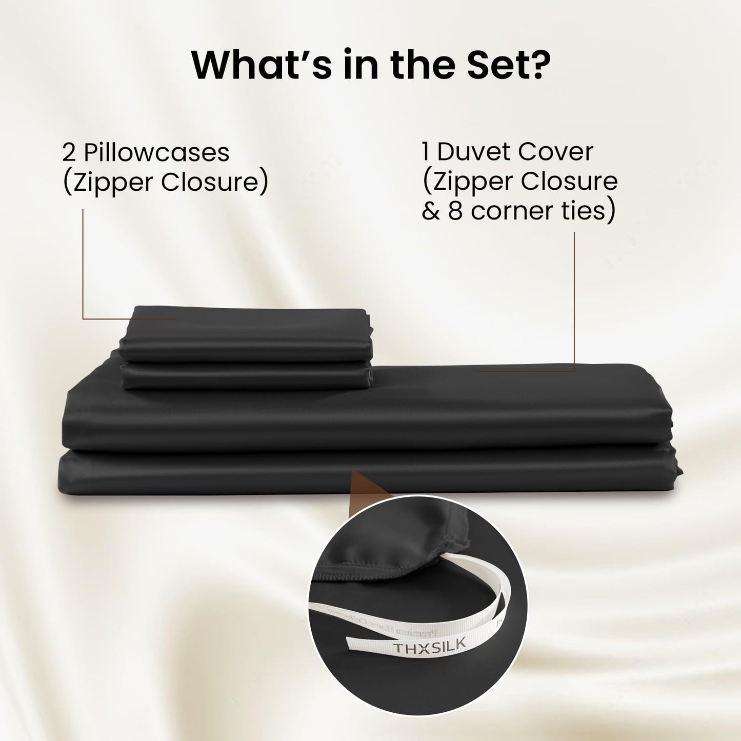 THXSILK Silk Duvet Cover Set — Black, Queen.