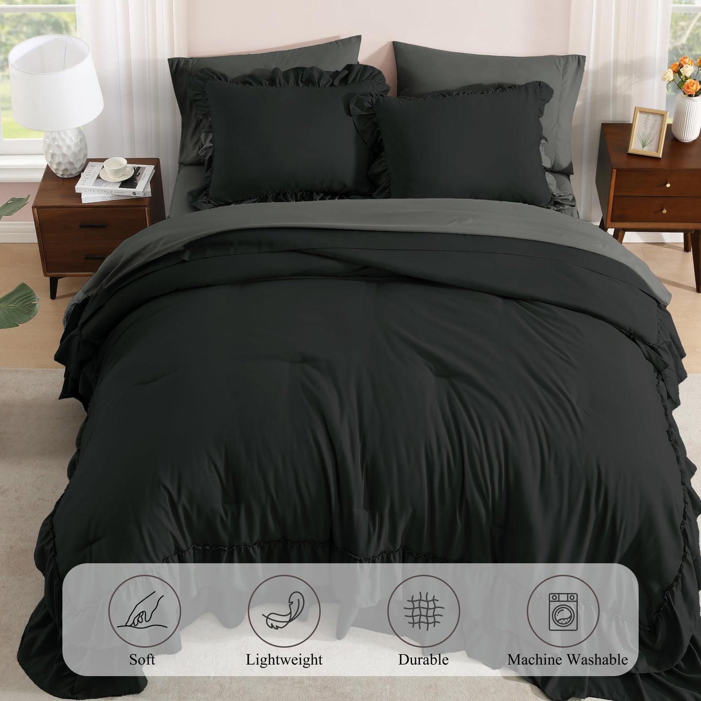 AMBERSPACE Ruffle Comforter Set — Soft Pink, Queen