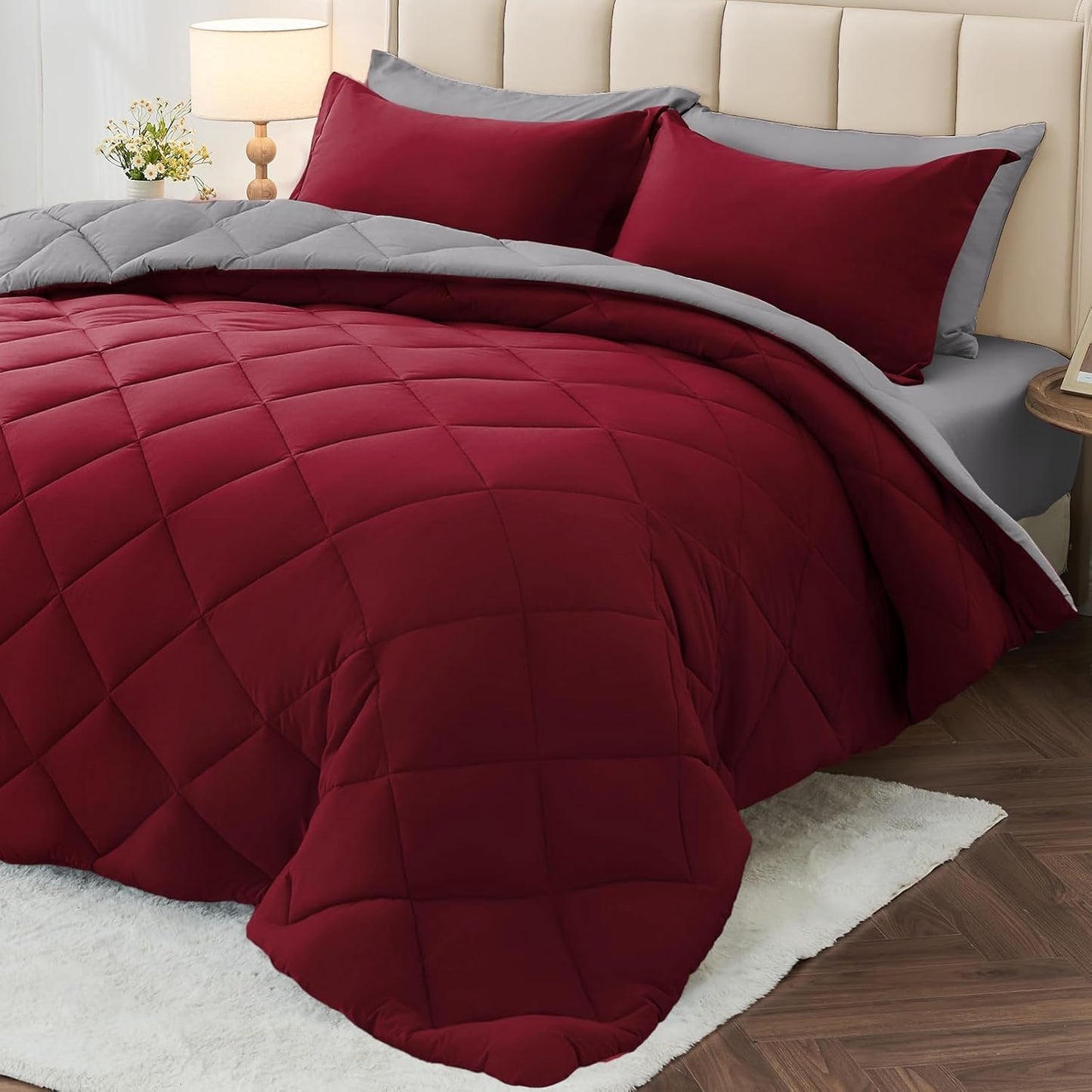 MUXHOMO Reversible Comforter Set — Red & Black, Queen