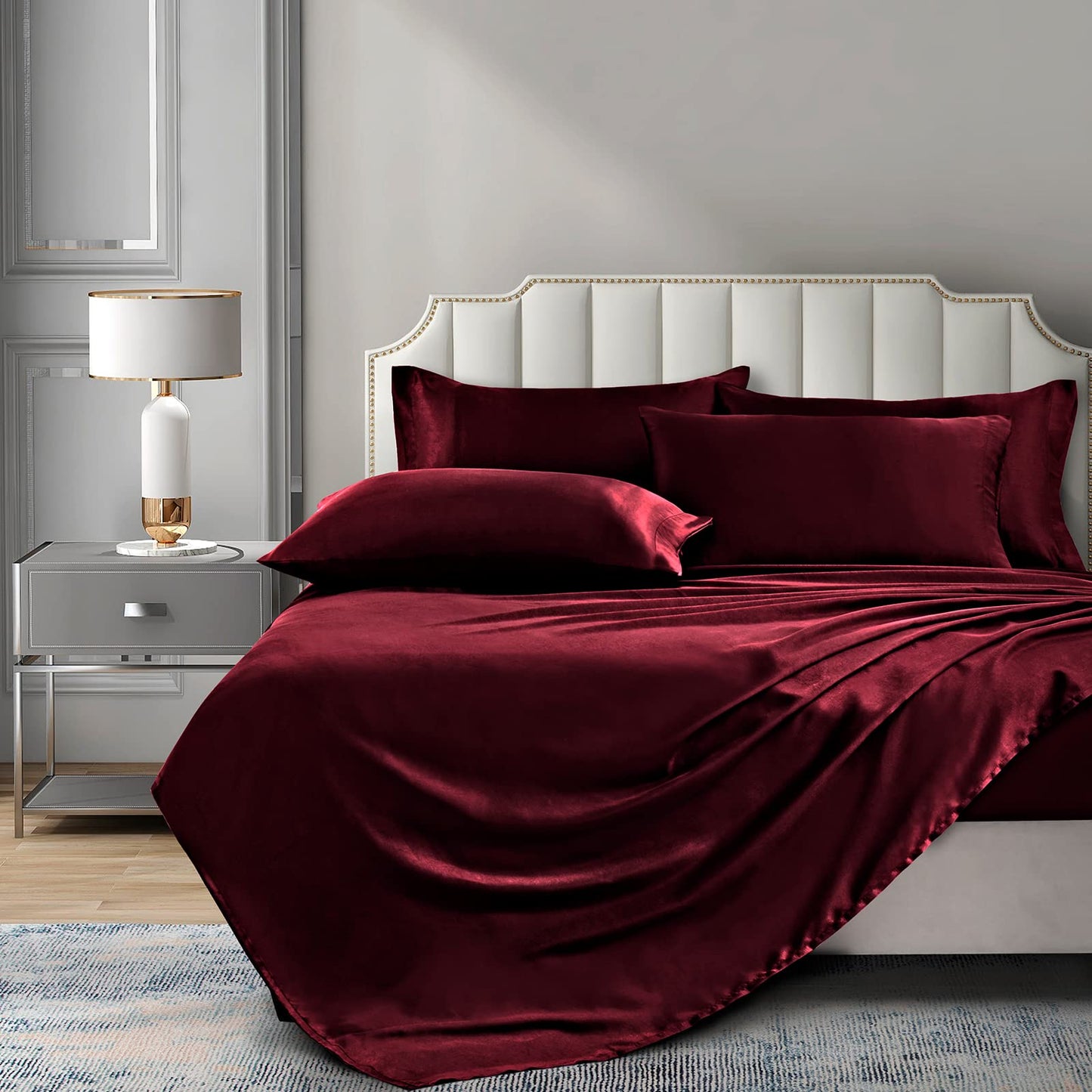 P Pothuiny Satin Sheet Set — Burgundy, Queen