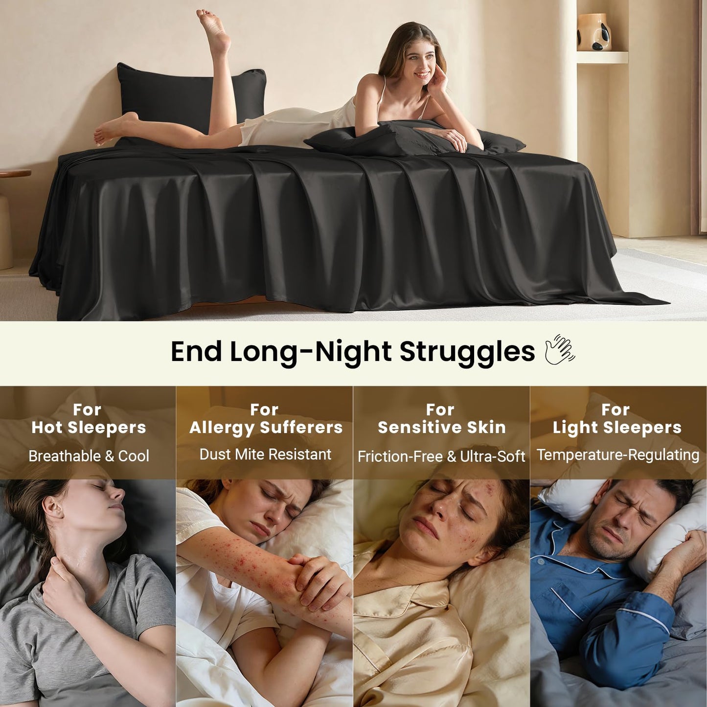 THXSILK Mulberry Silk Sheets — Queen, Black