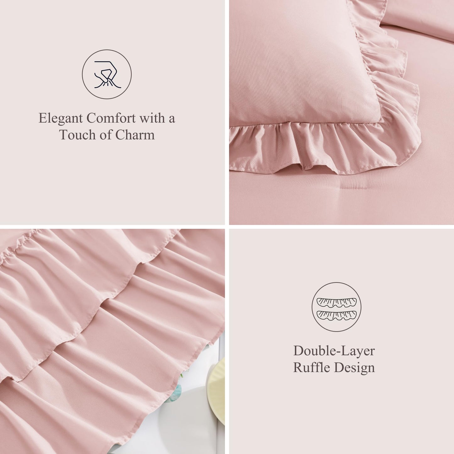 AMBERSPACE Ruffle Comforter Set — Soft Pink, Queen