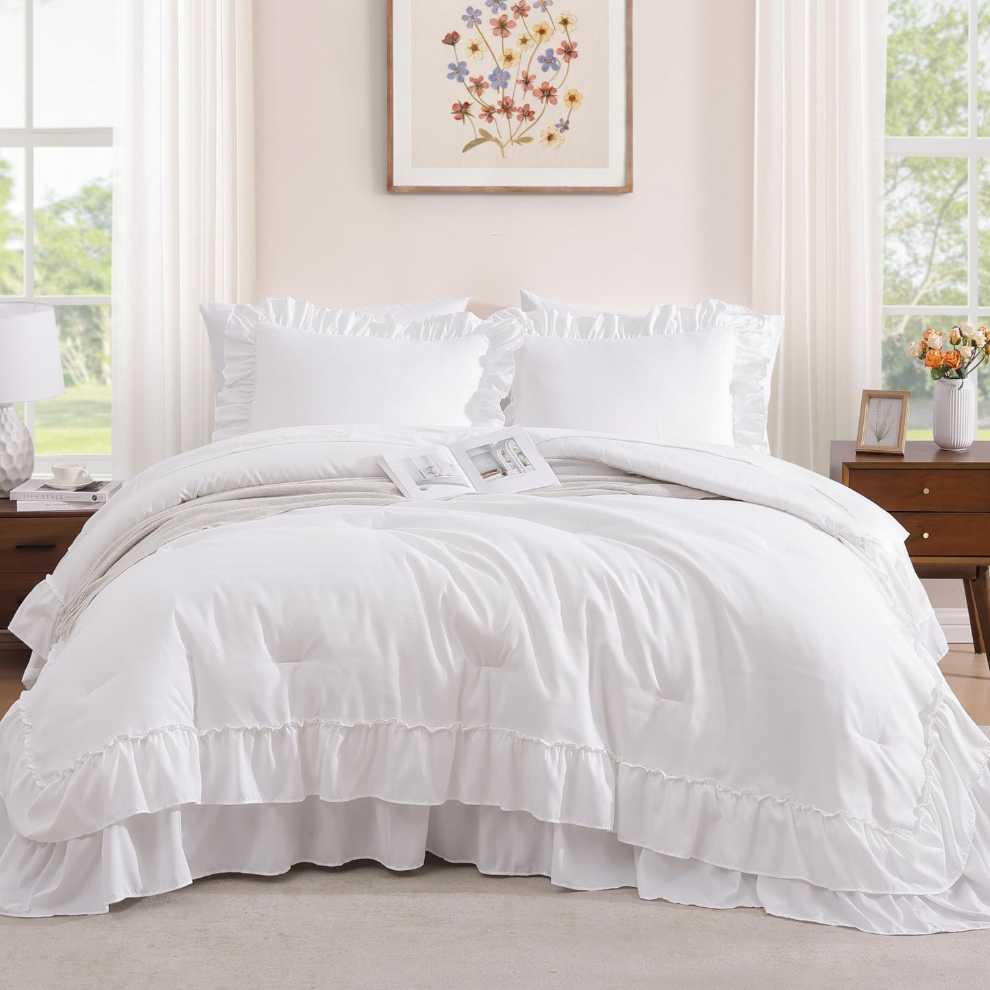 AMBERSPACE Ruffle Comforter Set — Soft Pink, Queen