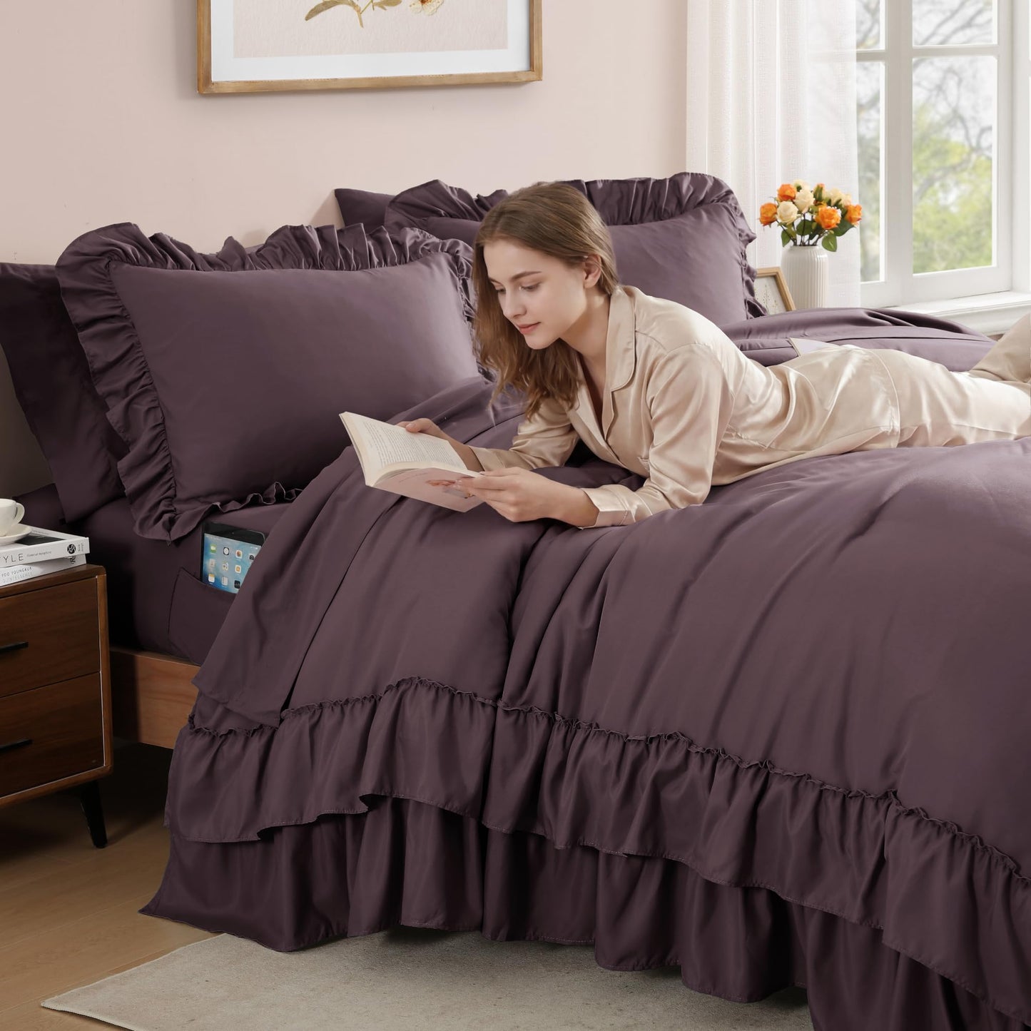 AMBERSPACE Ruffle Comforter Set — Soft Pink, Queen