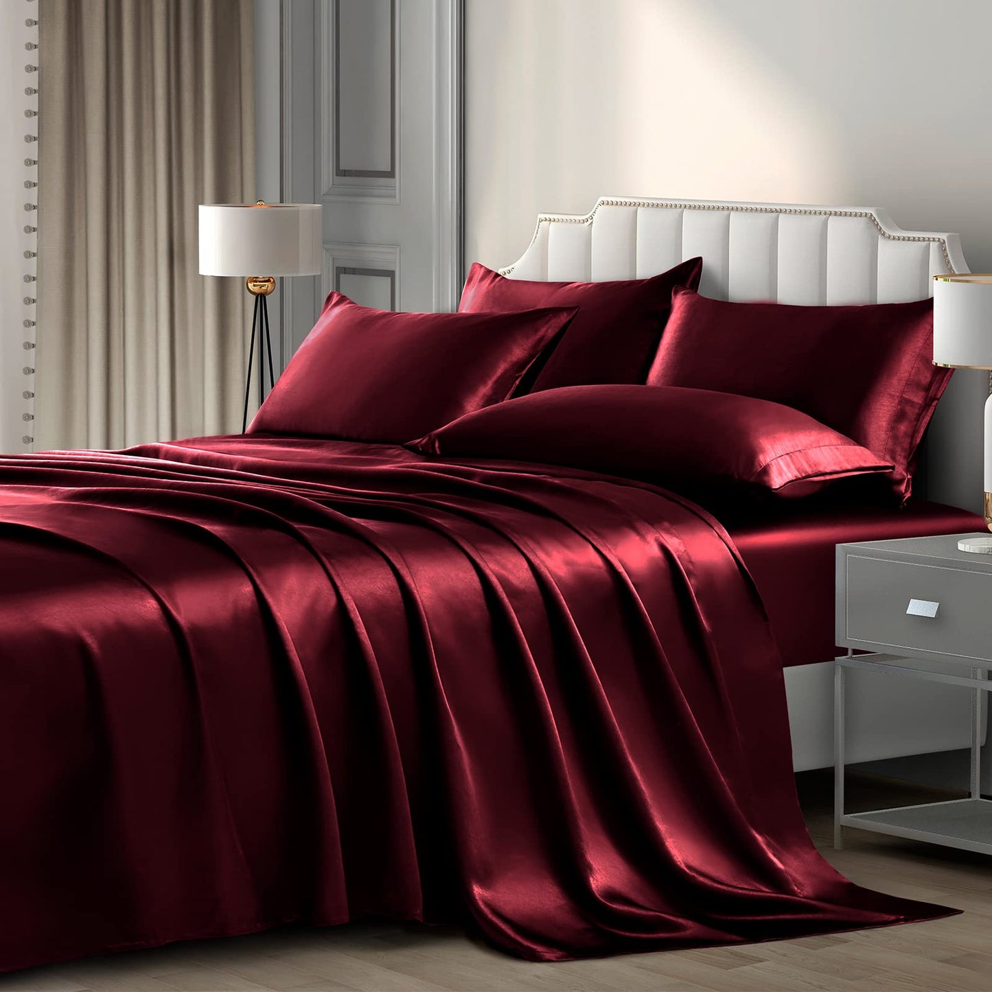 P Pothuiny Satin Sheet Set — Burgundy, Queen