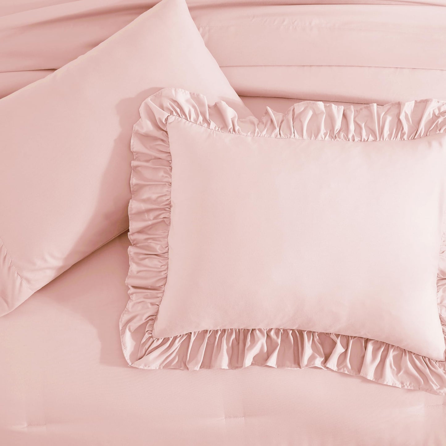 AMBERSPACE Ruffle Comforter Set — Soft Pink, Queen