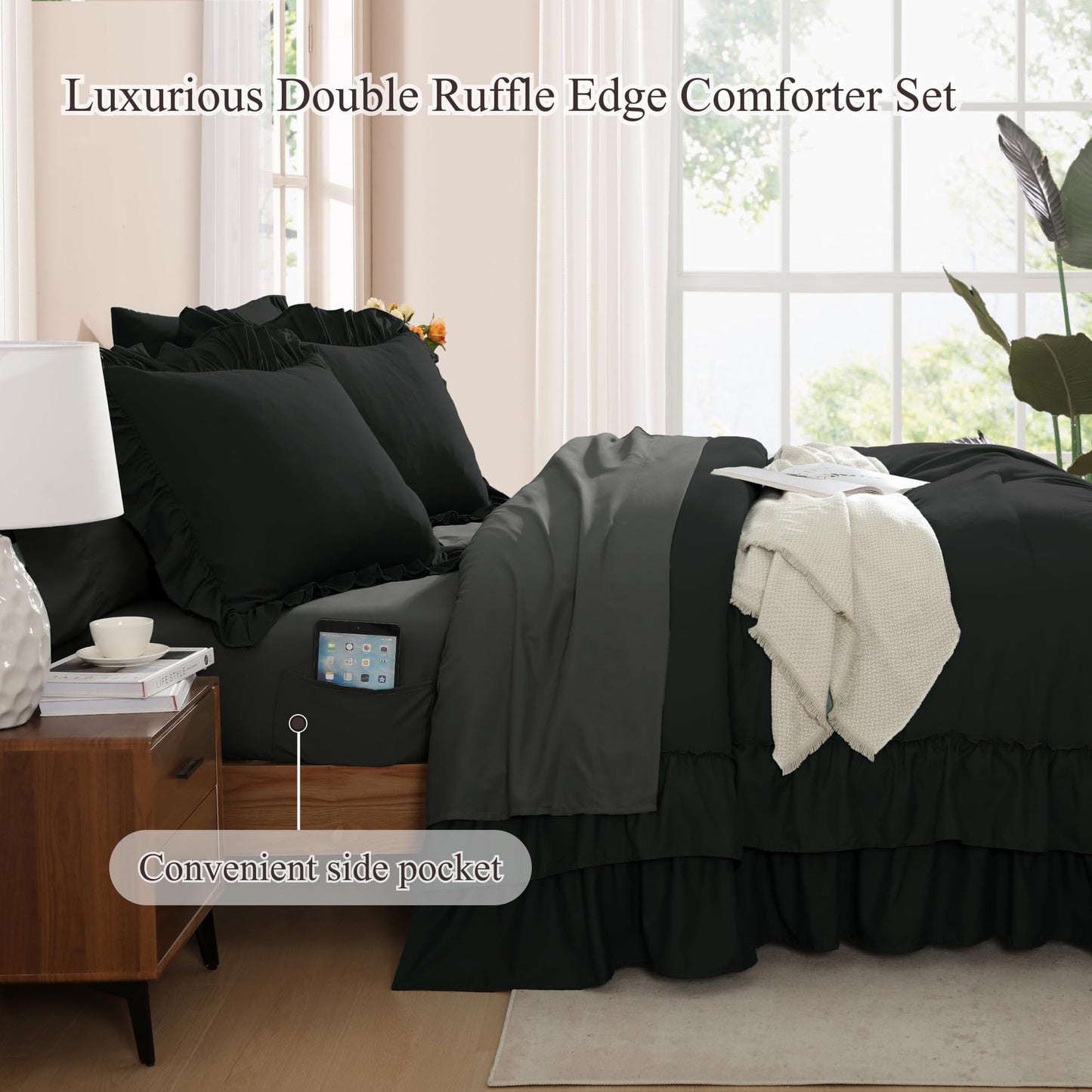 AMBERSPACE Ruffle Comforter Set — Soft Pink, Queen