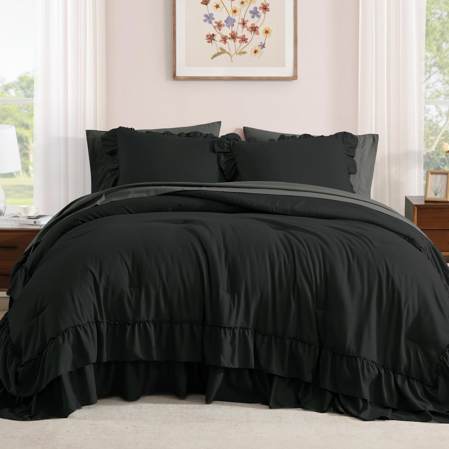 AMBERSPACE Ruffle Comforter Set — Soft Pink, Queen
