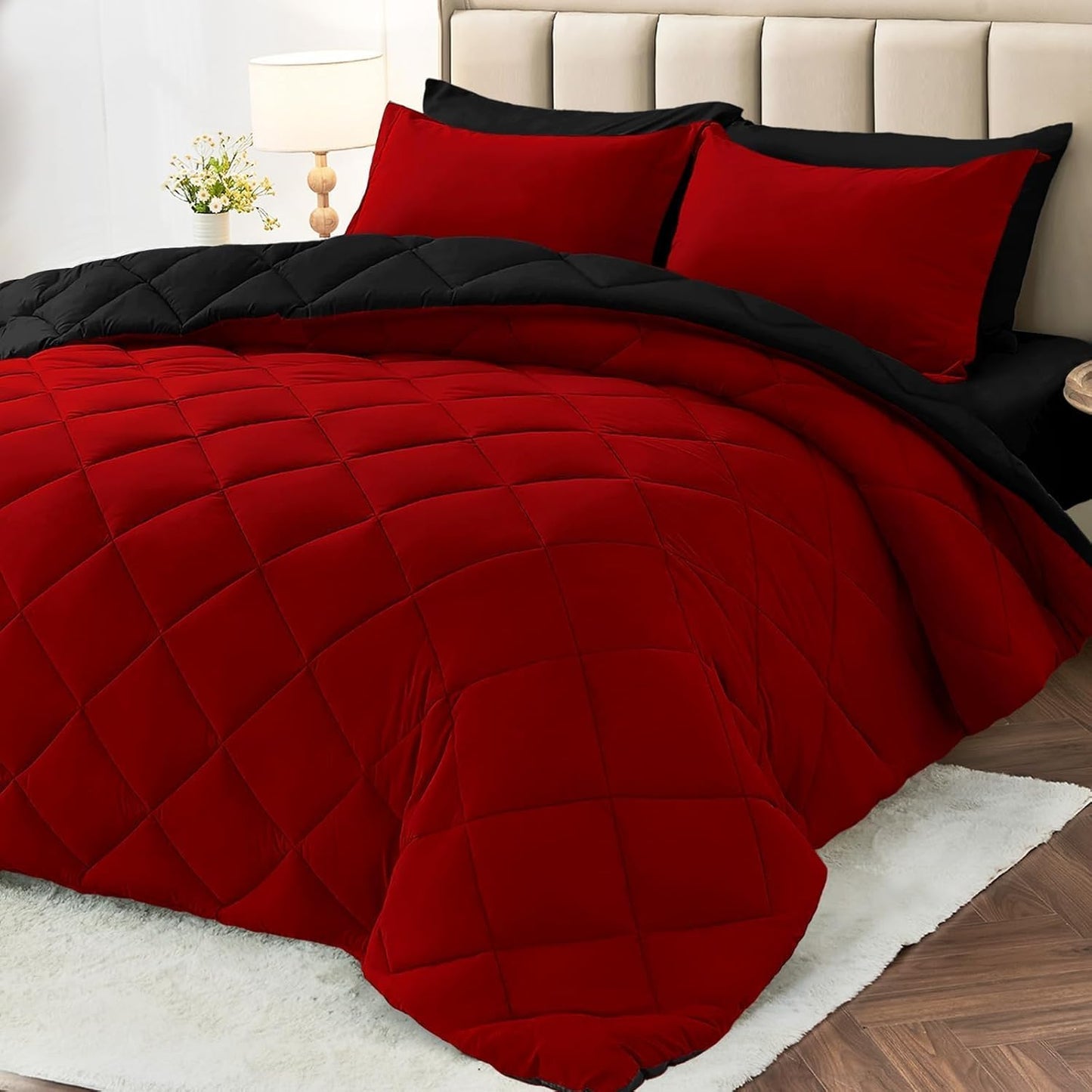 MUXHOMO Reversible Comforter Set — Red & Black, Queen