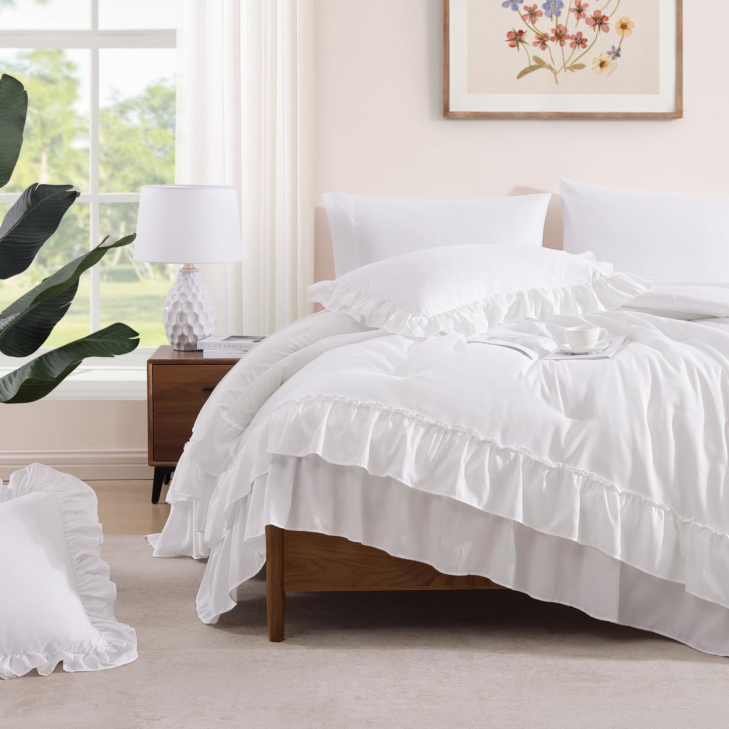 AMBERSPACE Ruffle Comforter Set — Soft Pink, Queen