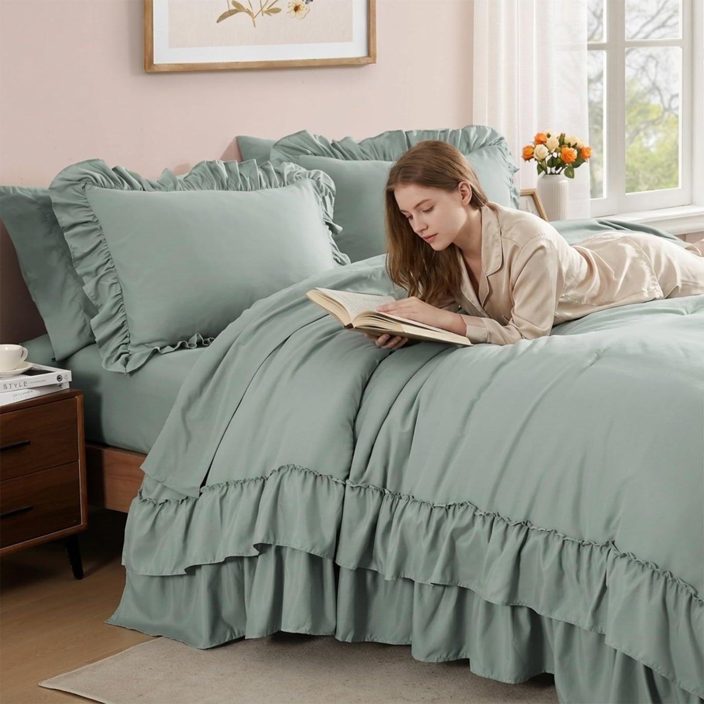 AMBERSPACE Ruffle Comforter Set — Soft Pink, Queen