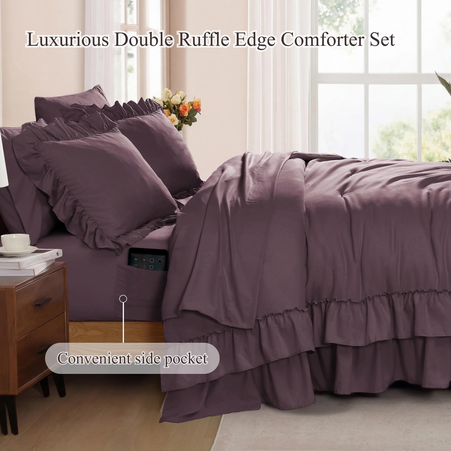AMBERSPACE Ruffle Comforter Set — Soft Pink, Queen