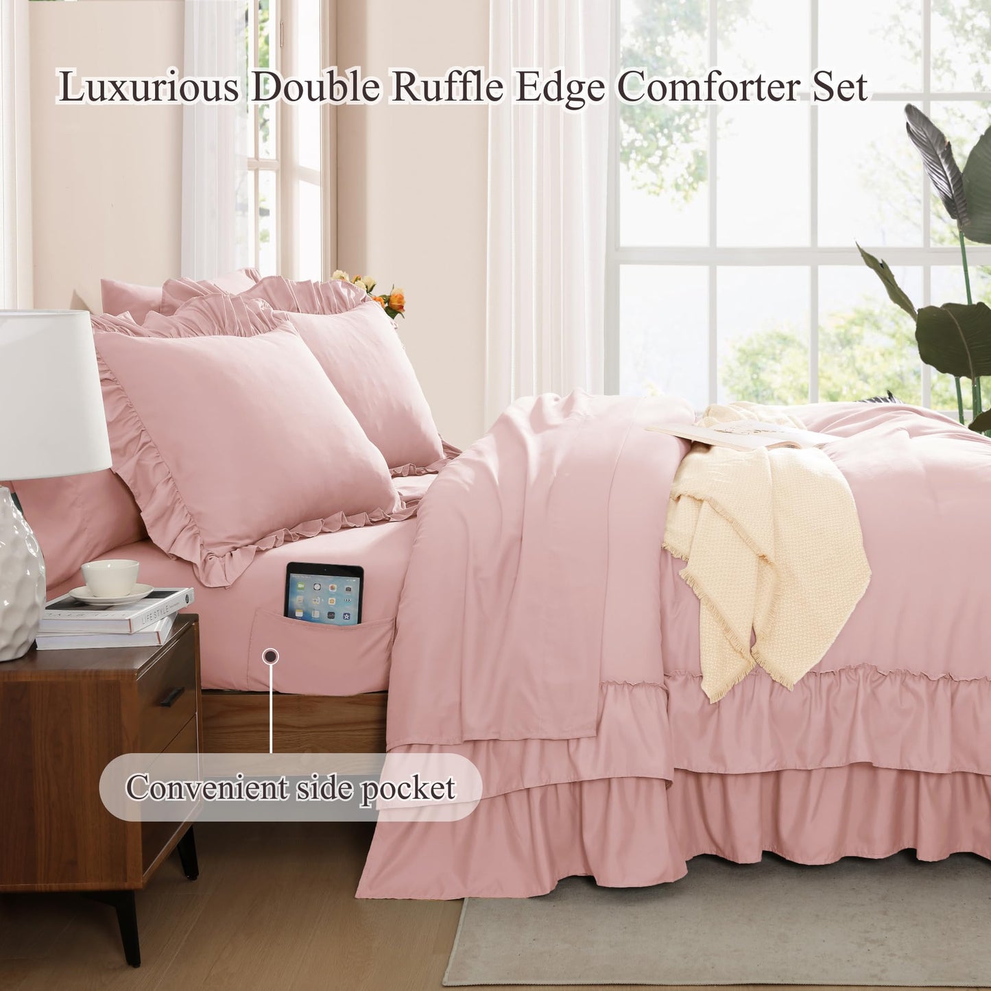 AMBERSPACE Ruffle Comforter Set — Soft Pink, Queen