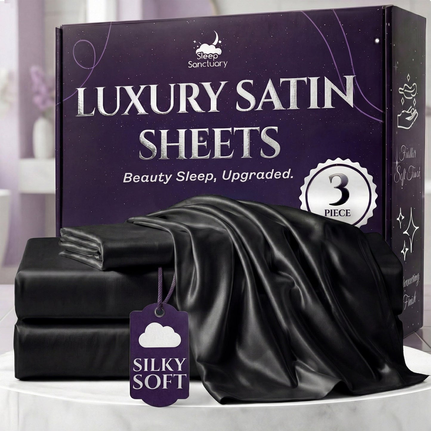 Sleep Sanctuary Satin Sheets — King, Black