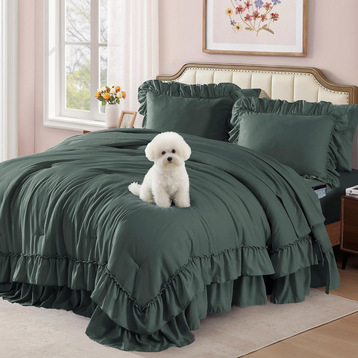 AMBERSPACE Ruffle Comforter Set — Soft Pink, Queen