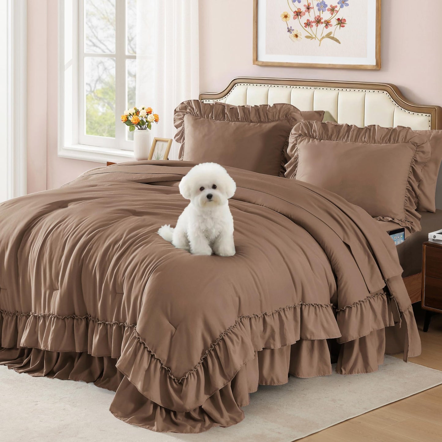 AMBERSPACE Ruffle Comforter Set — Soft Pink, Queen