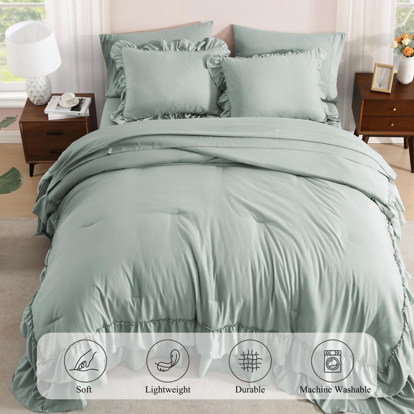AMBERSPACE Ruffle Comforter Set — Soft Pink, Queen