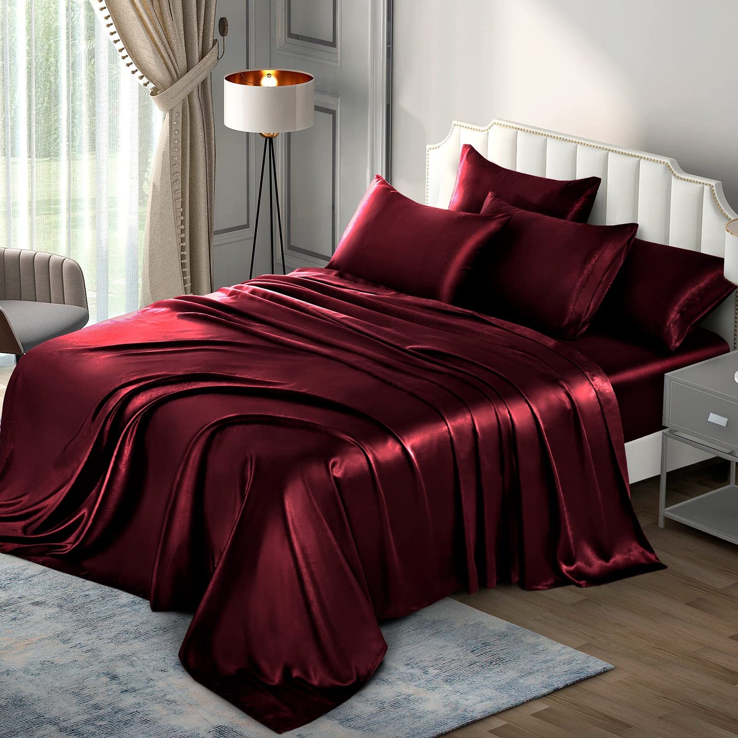 P Pothuiny Satin Sheet Set — Burgundy, Queen