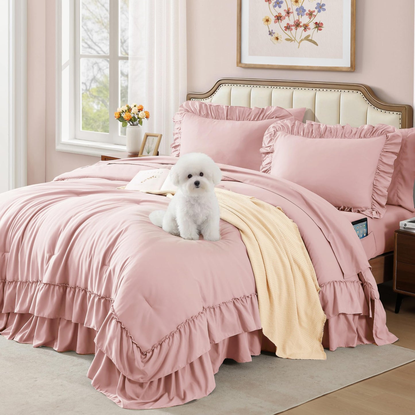 AMBERSPACE Ruffle Comforter Set — Soft Pink, Queen