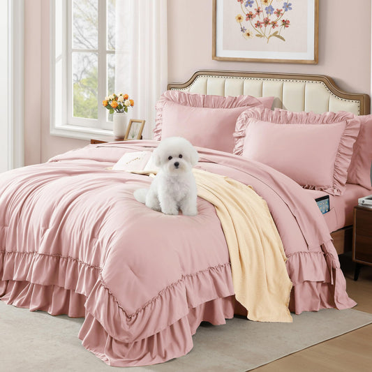 AMBERSPACE Ruffle Comforter Set — Soft Pink, Queen
