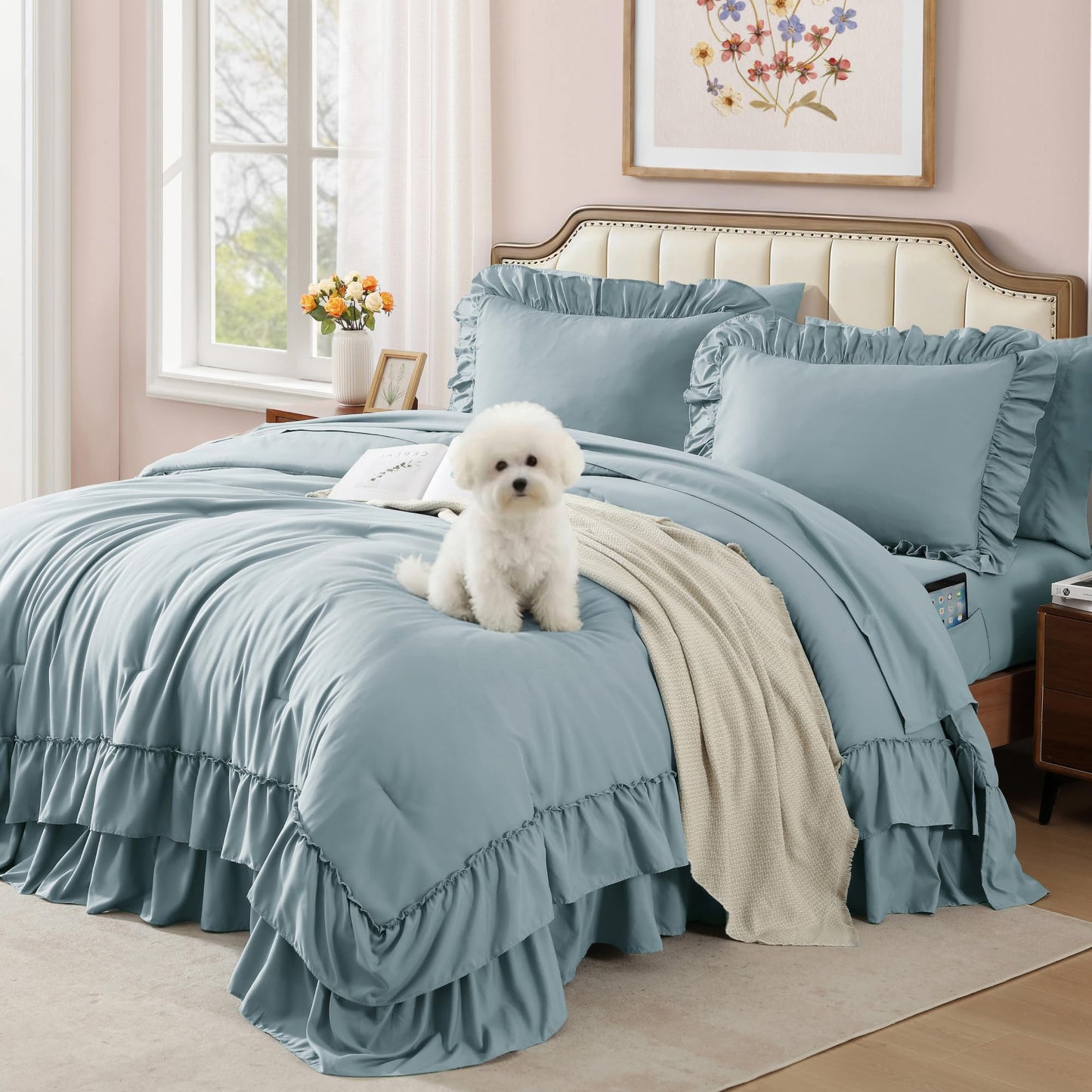 AMBERSPACE Ruffle Comforter Set — Soft Pink, Queen
