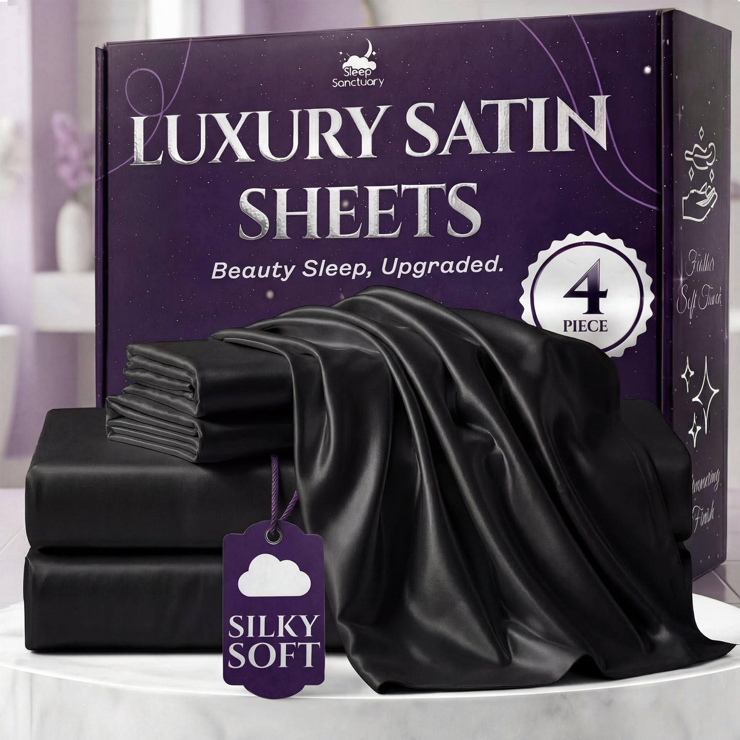 Sleep Sanctuary Satin Sheets — King, Black