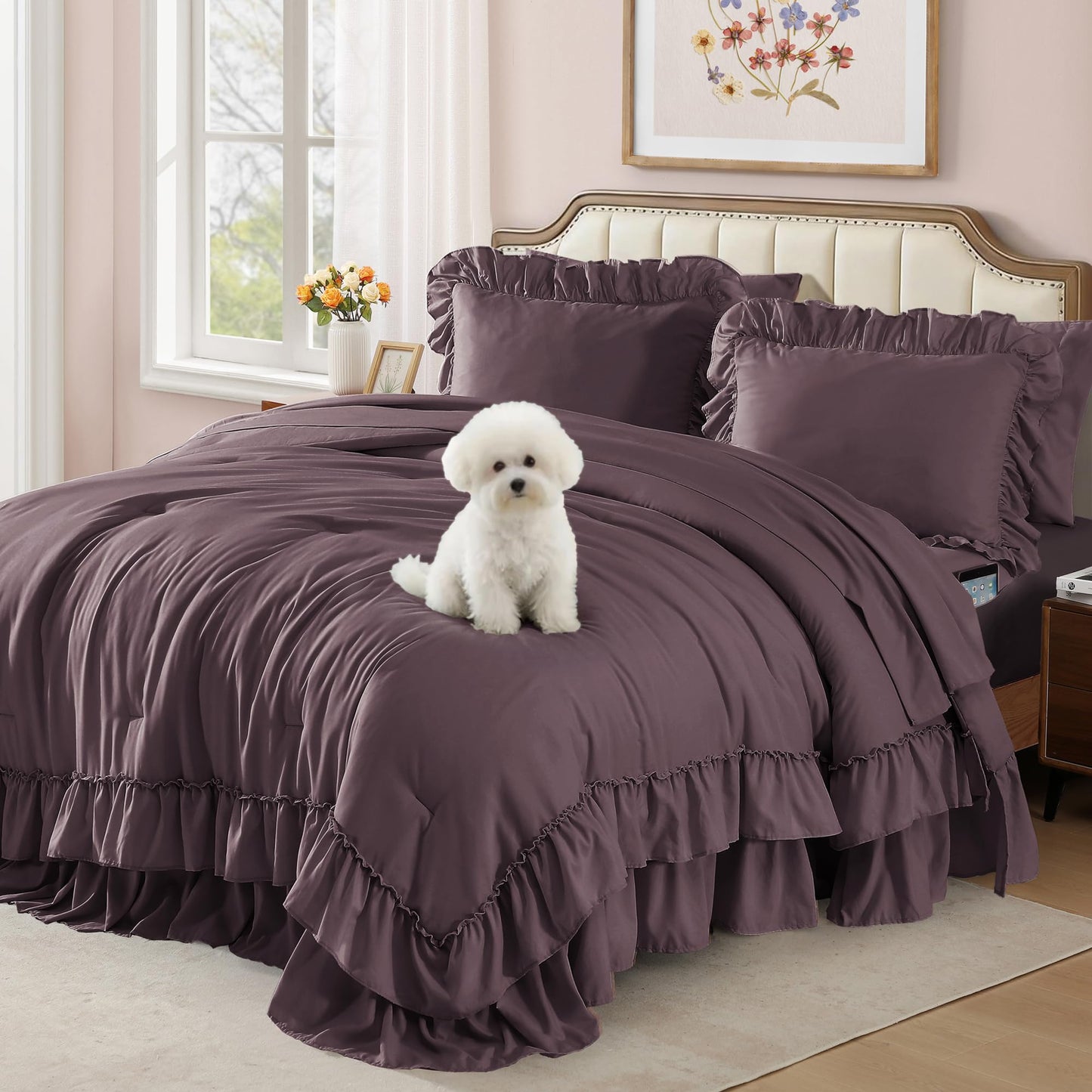AMBERSPACE Ruffle Comforter Set — Soft Pink, Queen