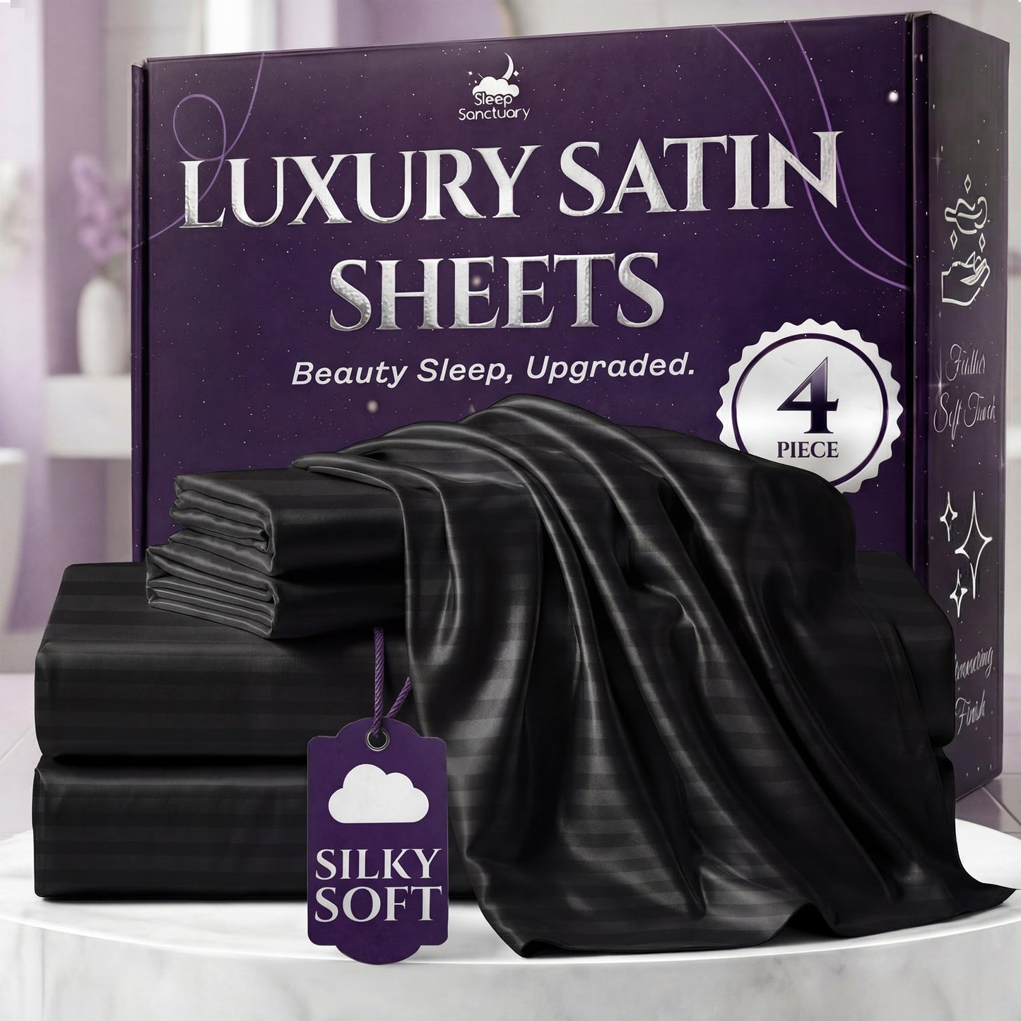Sleep Sanctuary Satin Sheets — King, Black