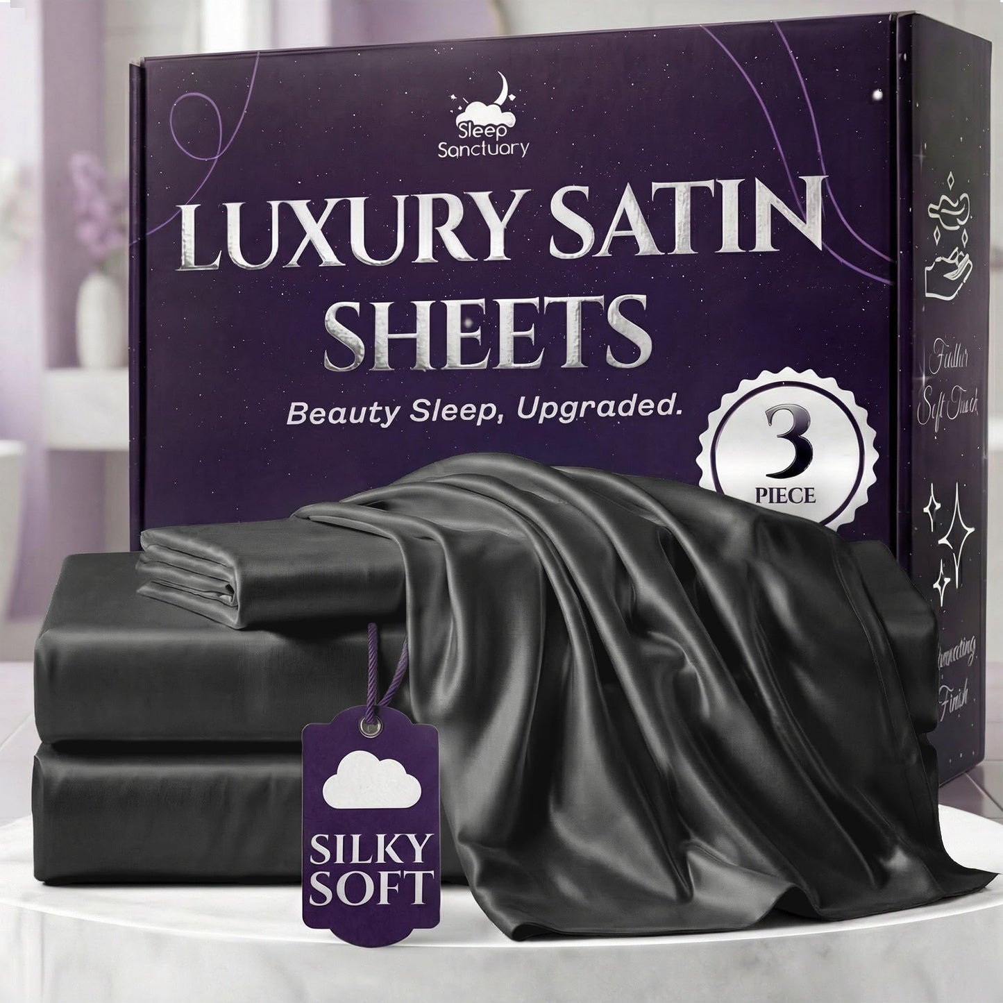 Sleep Sanctuary Satin Sheets — King, Black