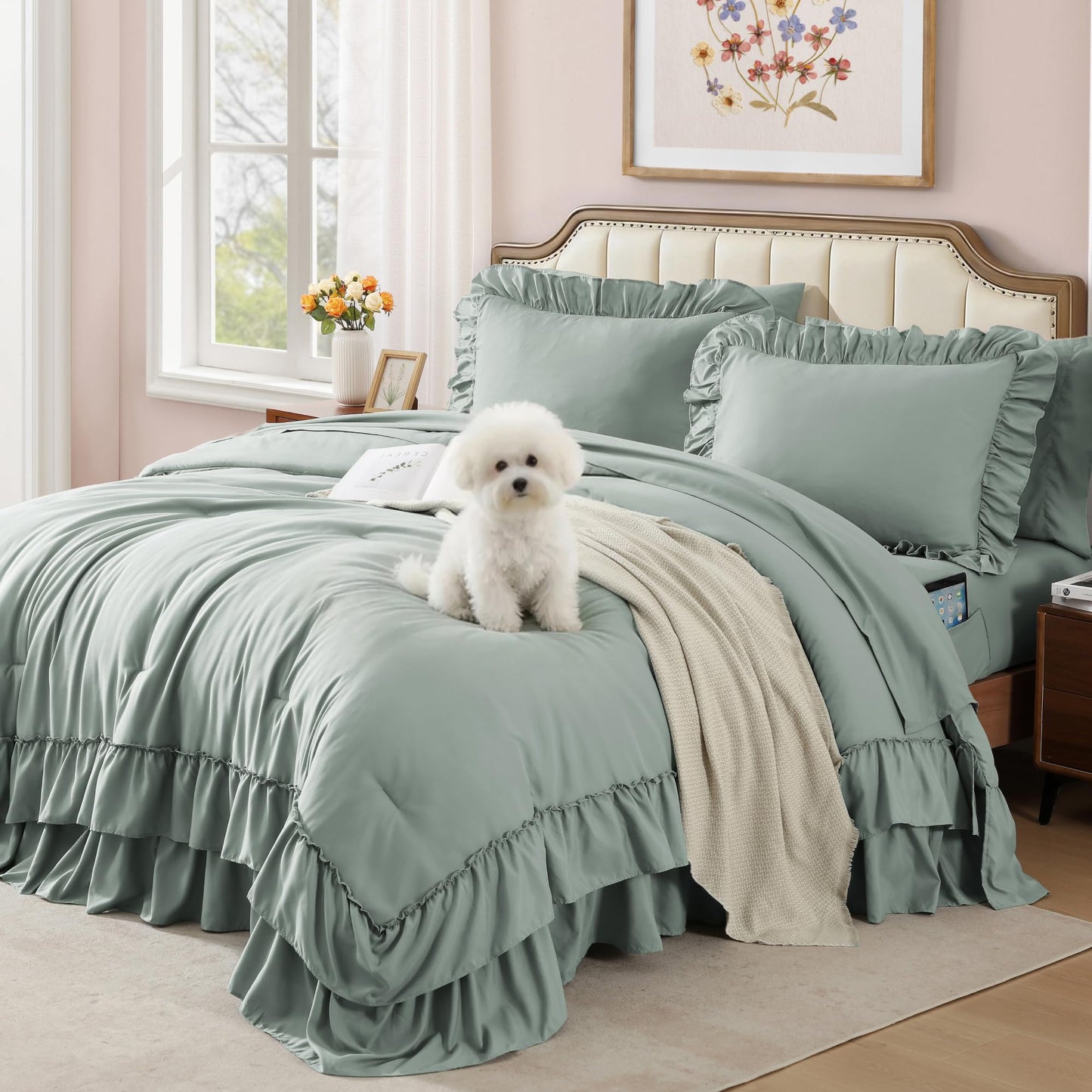 AMBERSPACE Ruffle Comforter Set — Soft Pink, Queen
