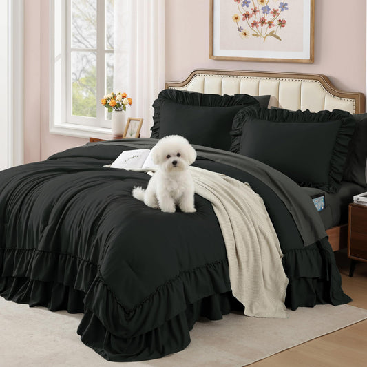 AMBERSPACE Ruffle Comforter Set — Soft Pink, Queen