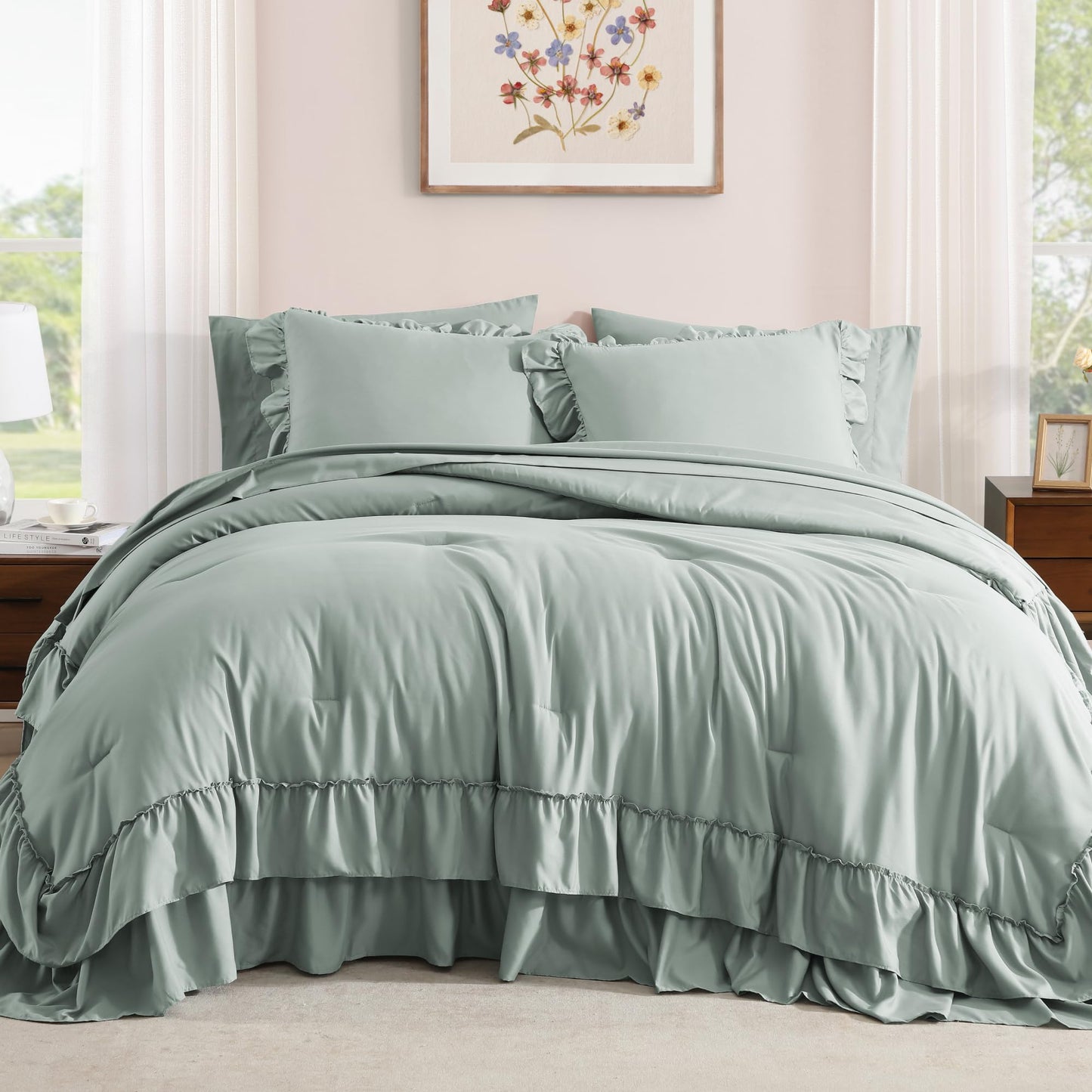 AMBERSPACE Ruffle Comforter Set — Soft Pink, Queen