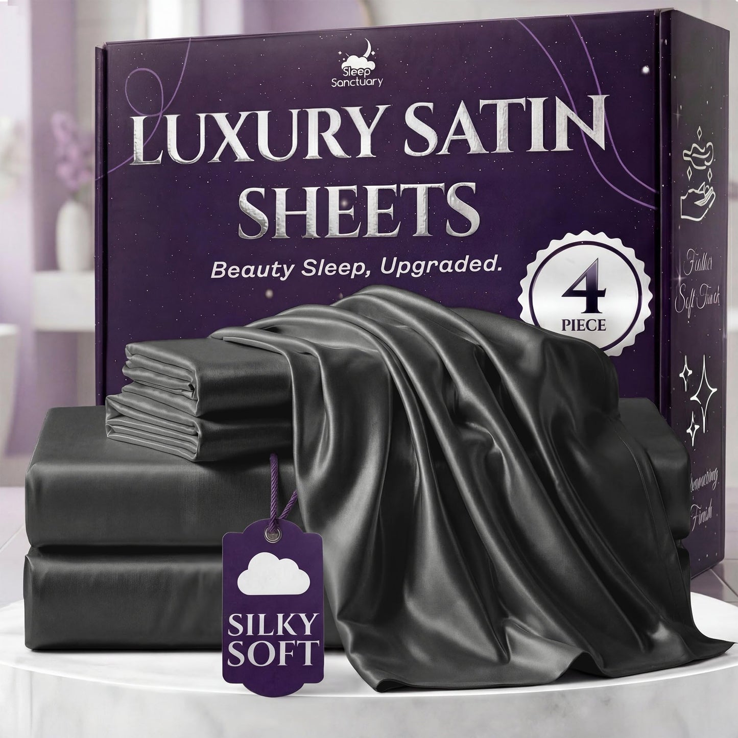 Sleep Sanctuary Satin Sheets — King, Black