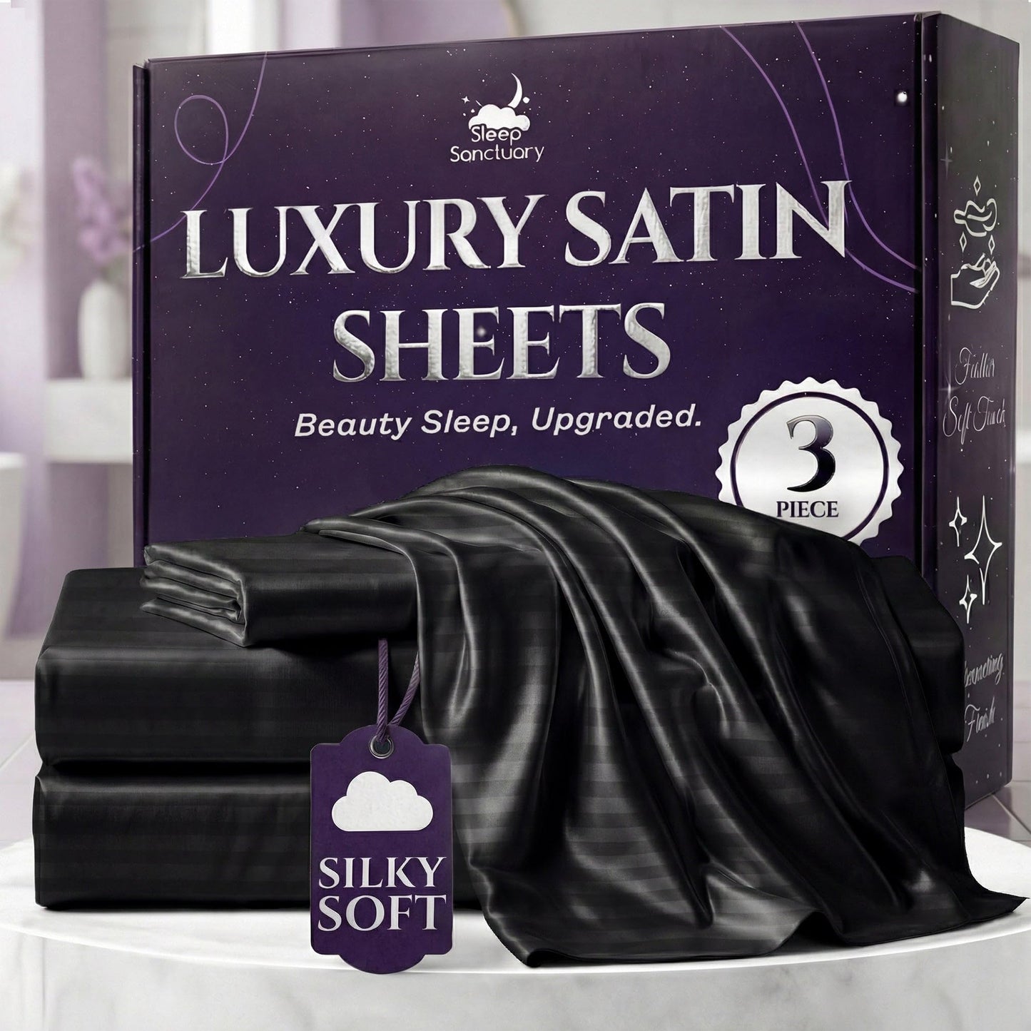 Sleep Sanctuary Satin Sheets — King, Black