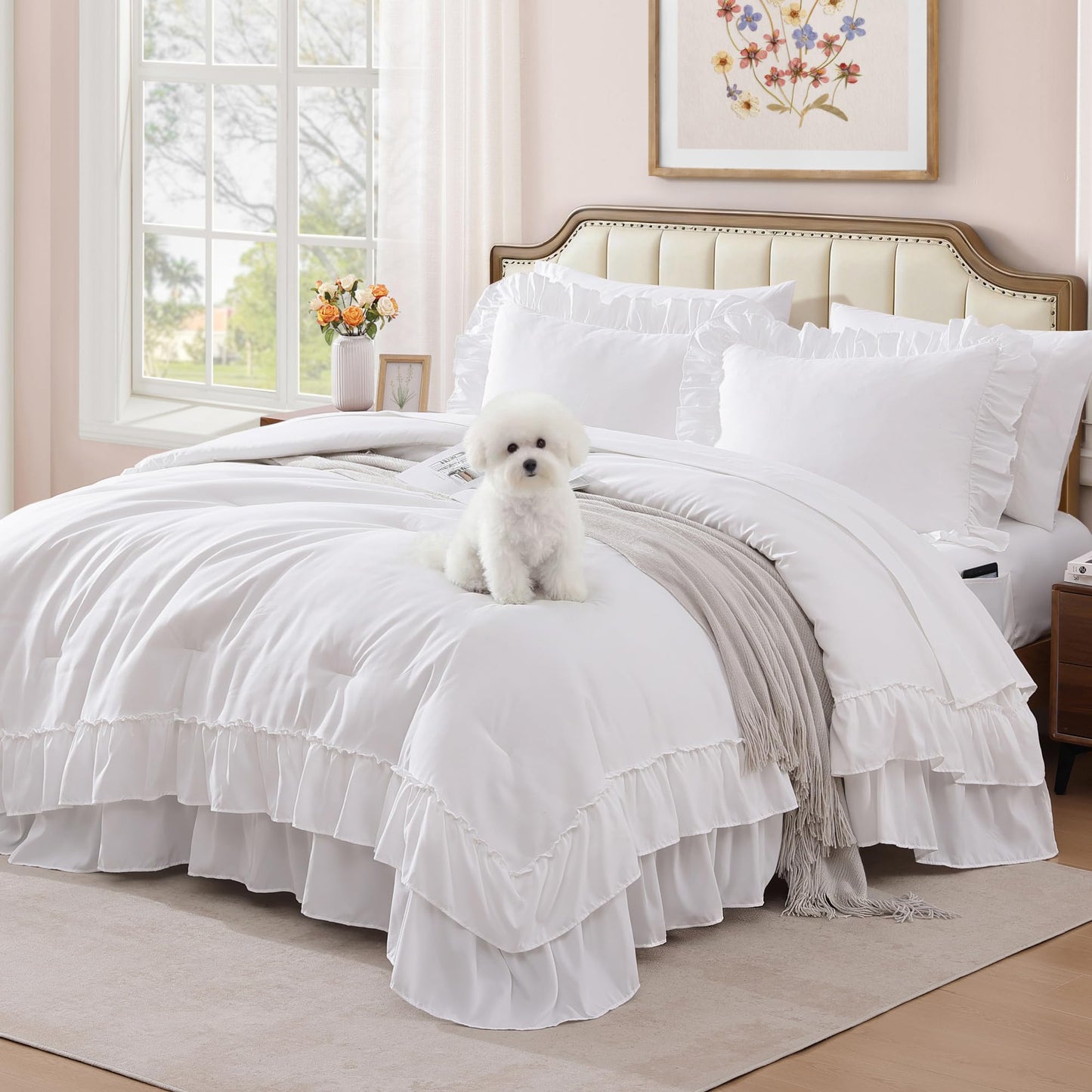 AMBERSPACE Ruffle Comforter Set — Soft Pink, Queen
