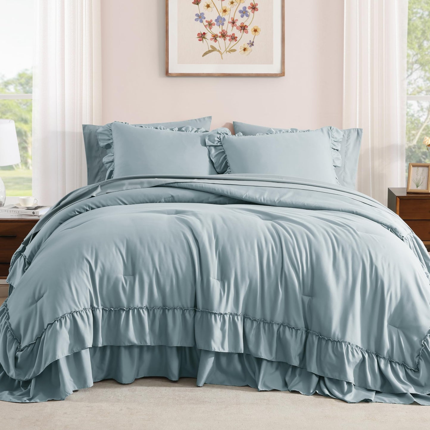 AMBERSPACE Ruffle Comforter Set — Soft Pink, Queen