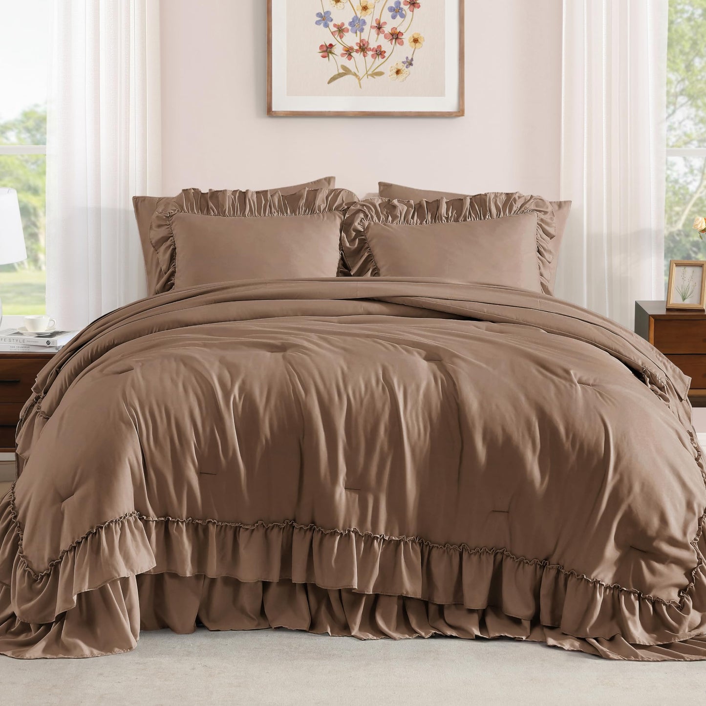 AMBERSPACE Ruffle Comforter Set — Soft Pink, Queen