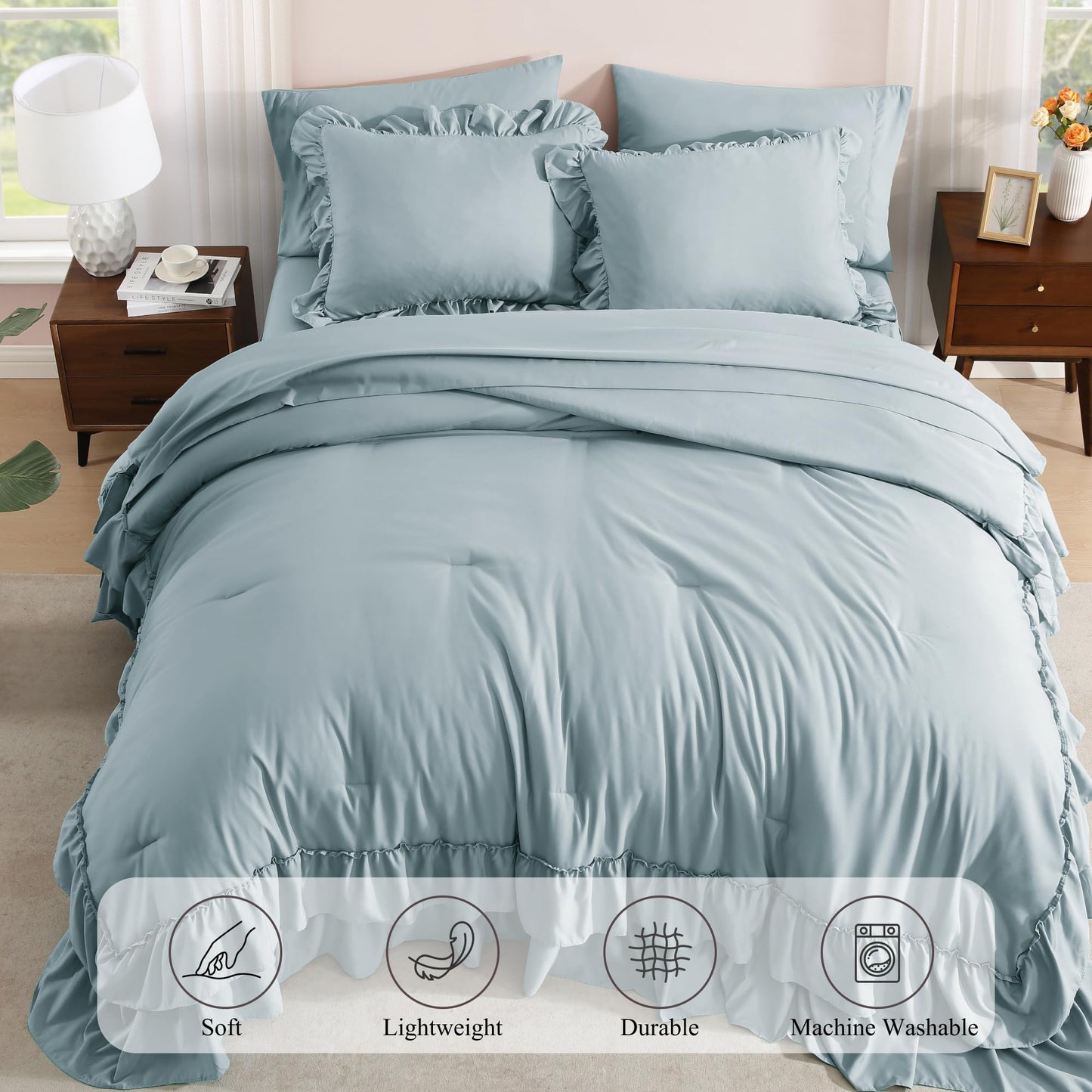 AMBERSPACE Ruffle Comforter Set — Soft Pink, Queen