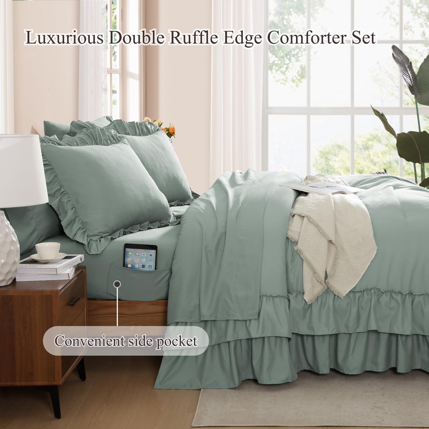 AMBERSPACE Ruffle Comforter Set — Soft Pink, Queen