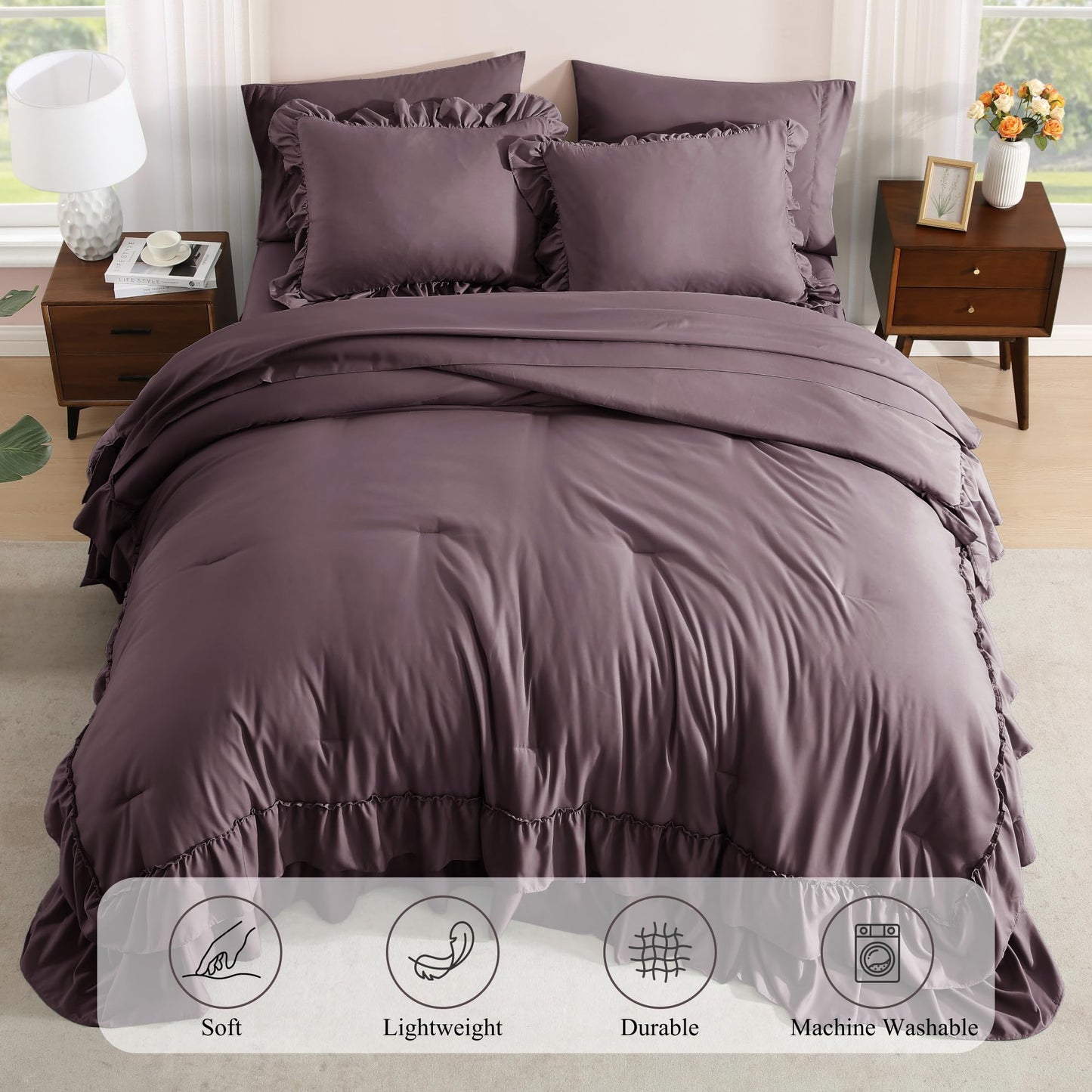 AMBERSPACE Ruffle Comforter Set — Soft Pink, Queen