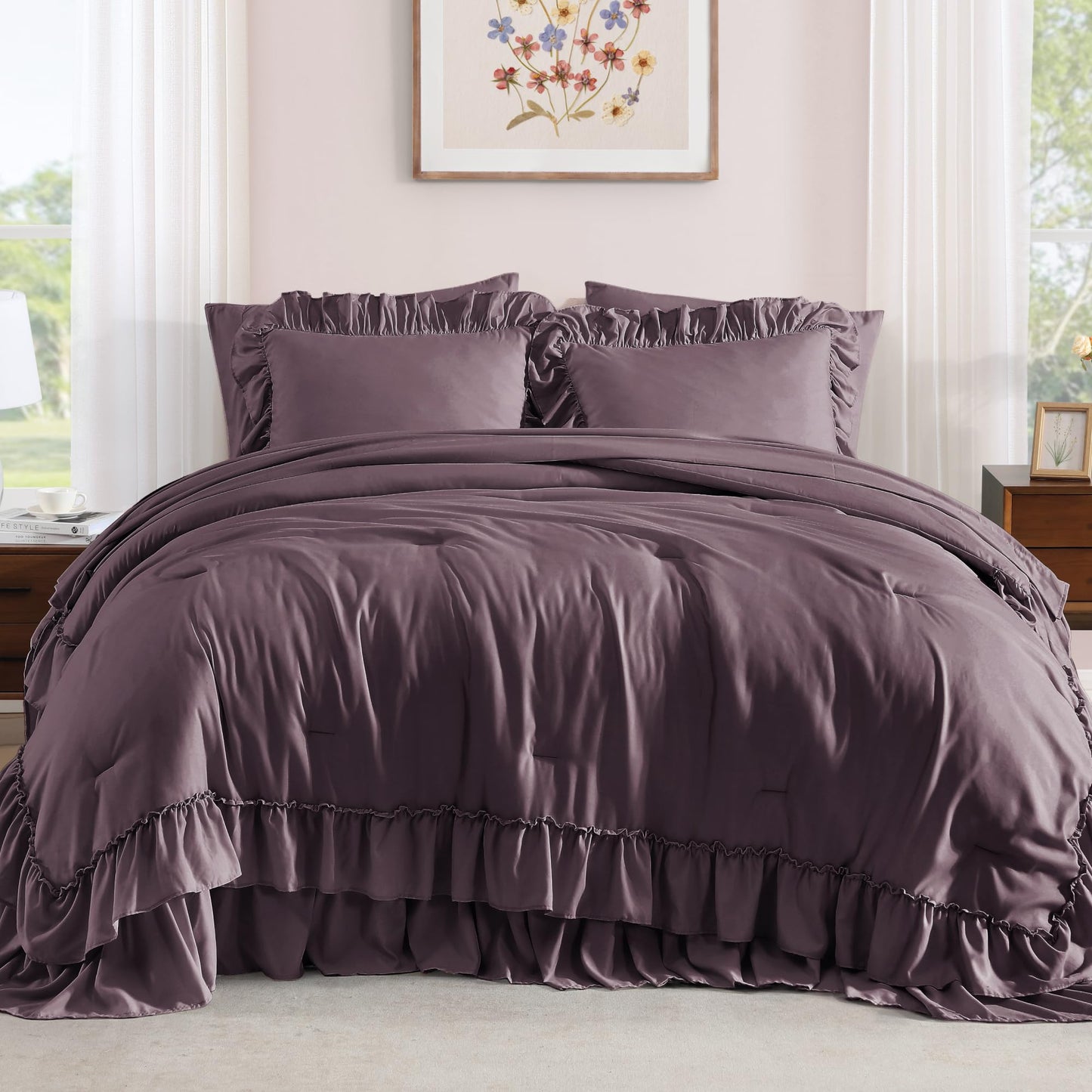 AMBERSPACE Ruffle Comforter Set — Soft Pink, Queen