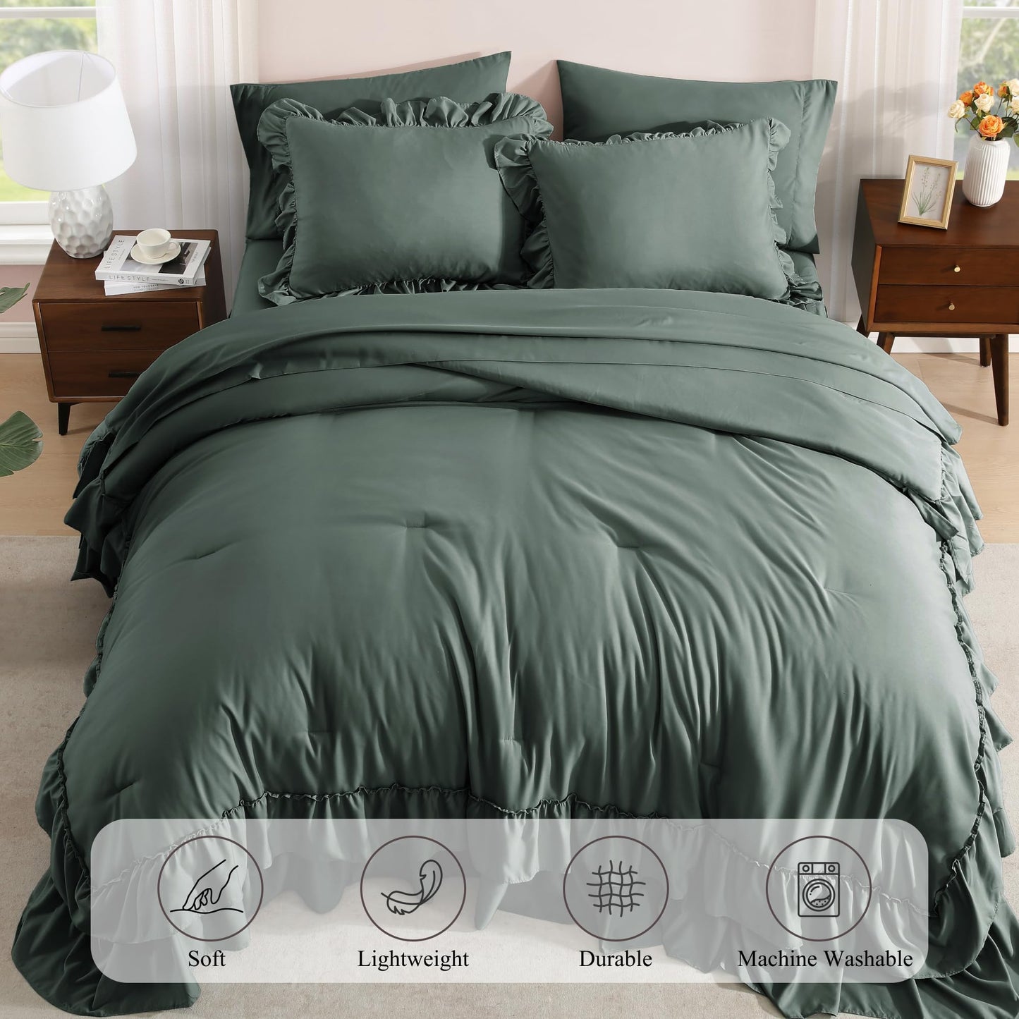 AMBERSPACE Ruffle Comforter Set — Soft Pink, Queen
