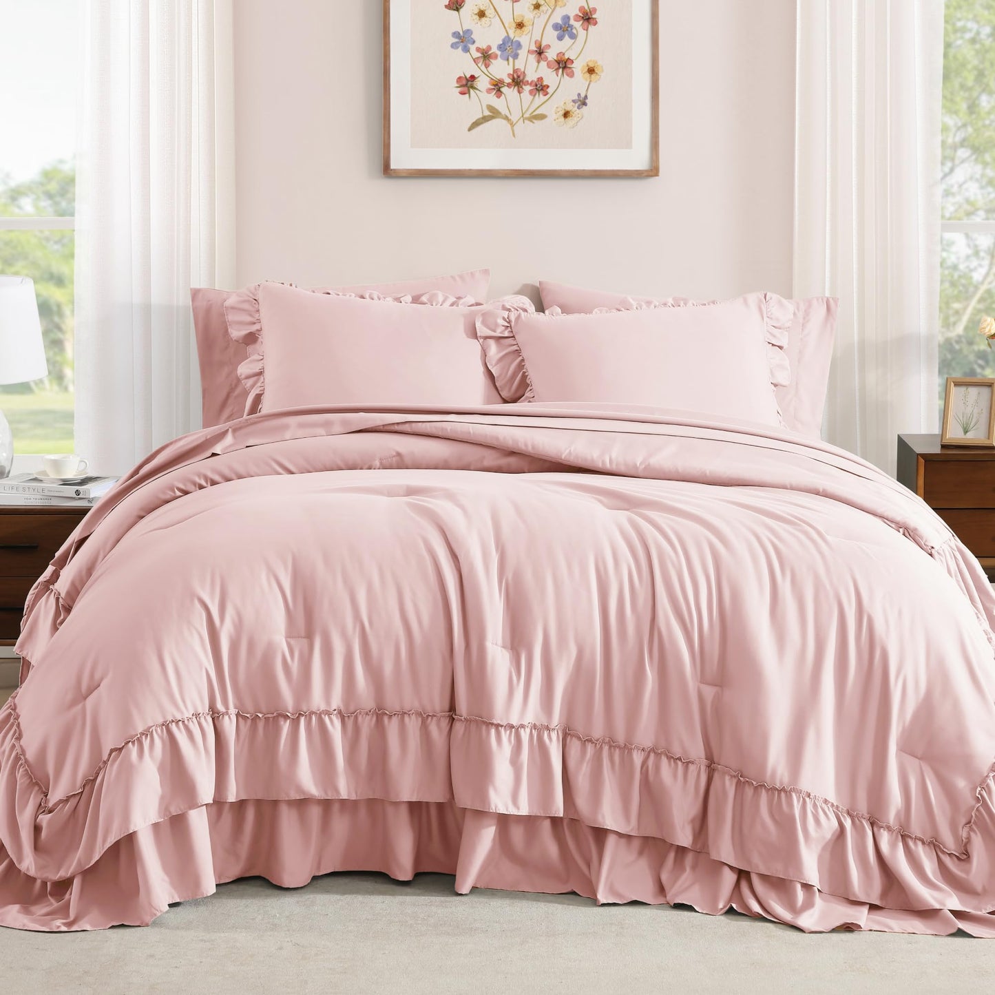 AMBERSPACE Ruffle Comforter Set — Soft Pink, Queen