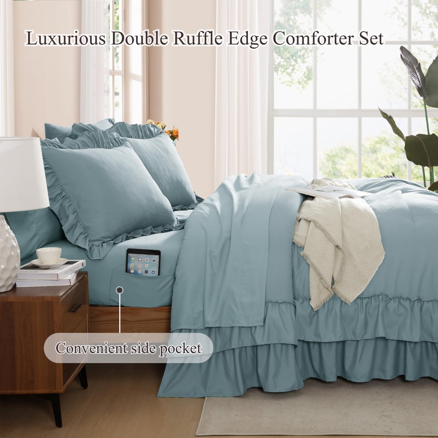 AMBERSPACE Ruffle Comforter Set — Soft Pink, Queen