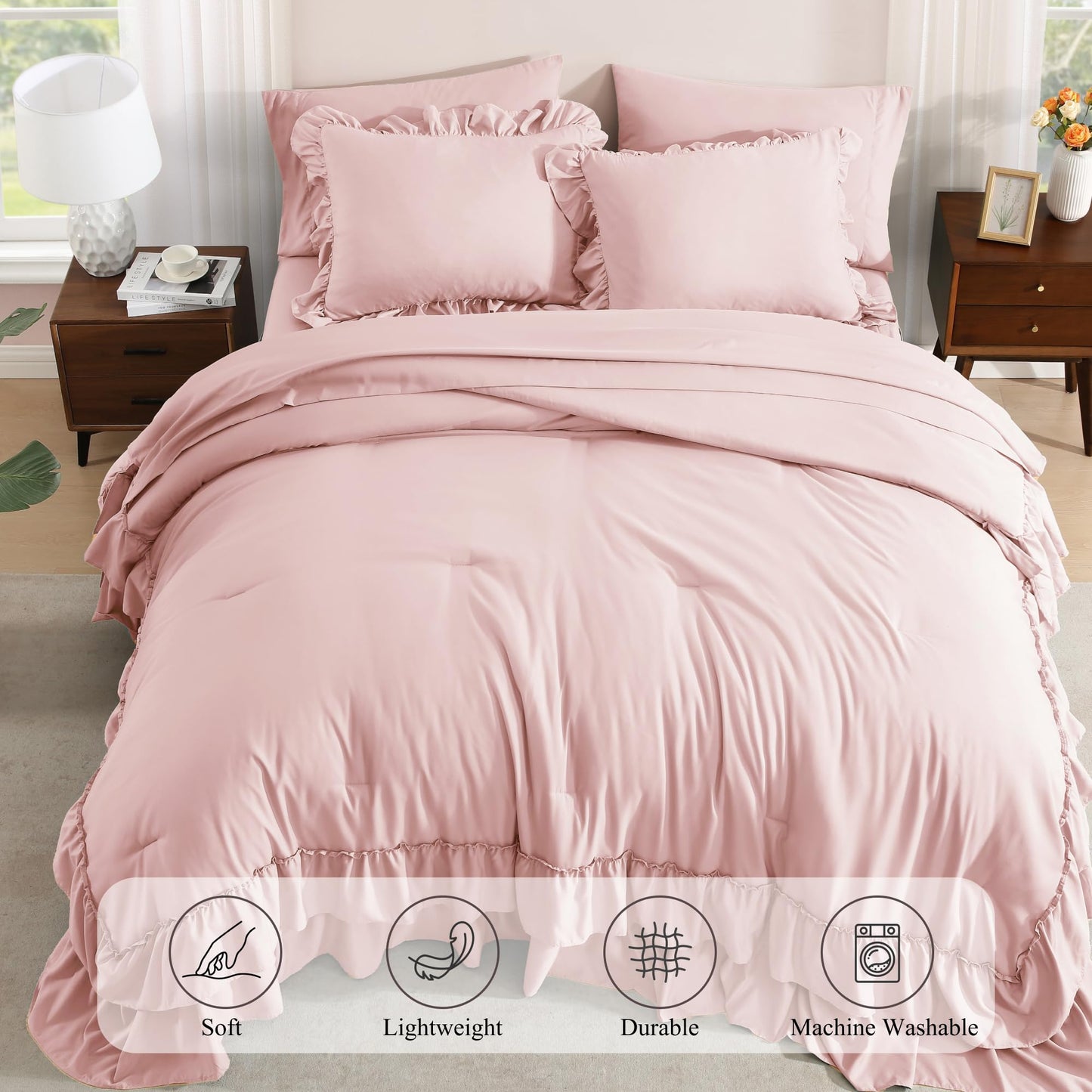 AMBERSPACE Ruffle Comforter Set — Soft Pink, Queen