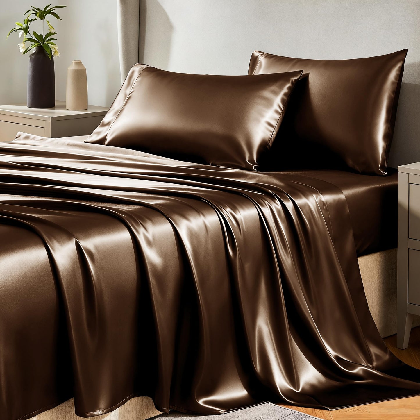CozyLux Satin Sheet Set — Brown